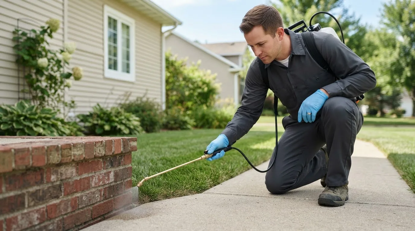 Pest control technician treating a home near Granville, VT