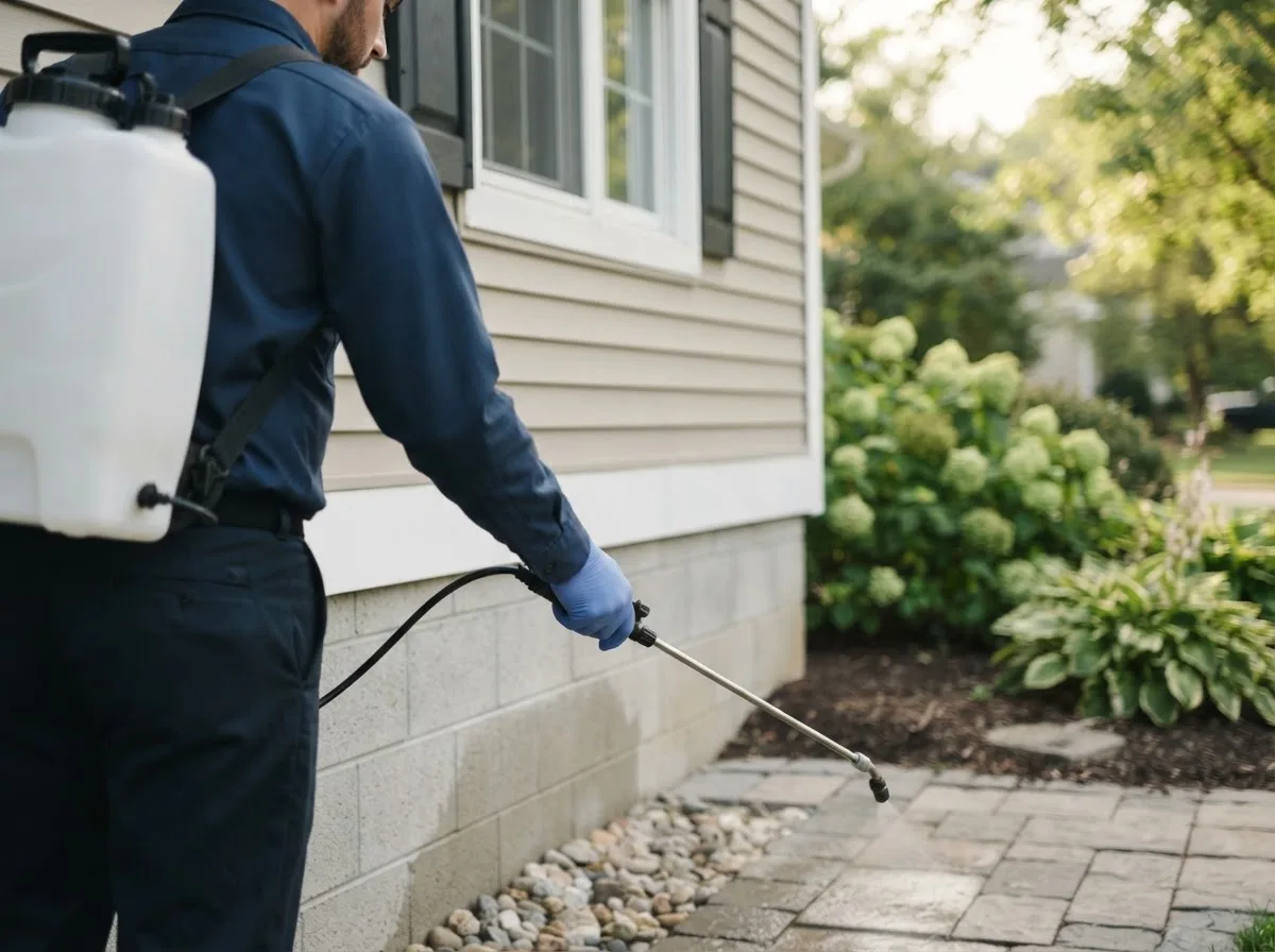 Pest control technician inspecting a home in Granville, VT